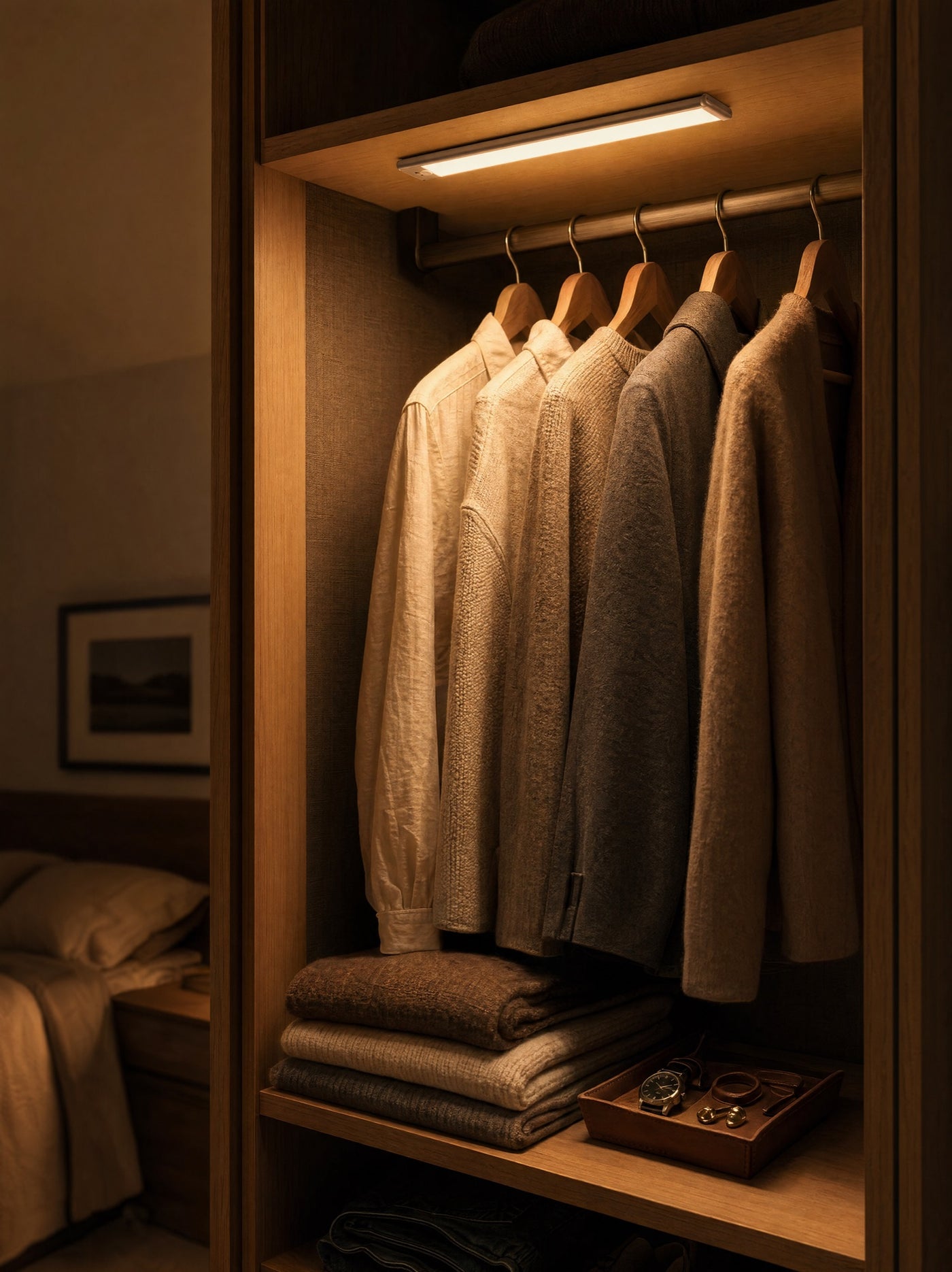 Pulse illuminating hanging clothes inside wardrobe