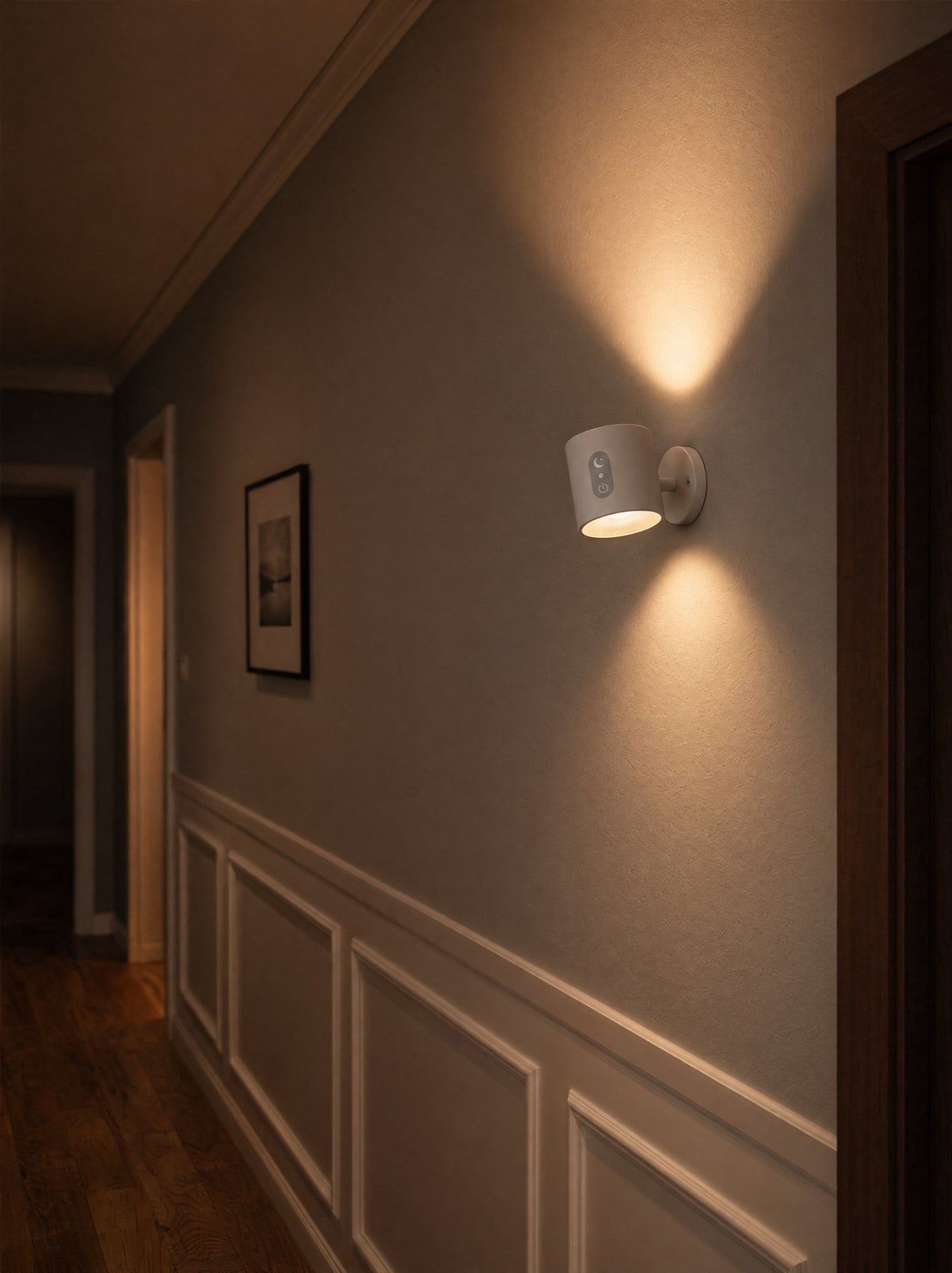 Loft sconces lining hallway corridor, architectural lighting