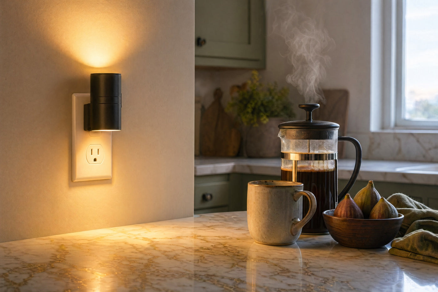 Vesper warm light on kitchen counter at sunrise