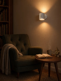 Loft sconce above reading nook with green velvet chair