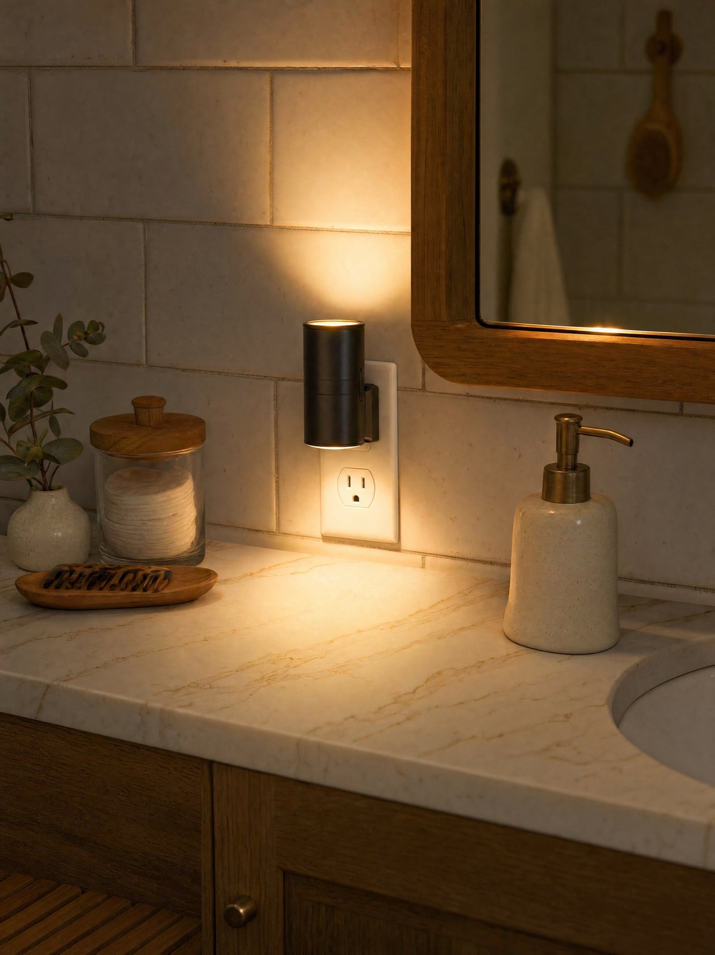 Vesper night light next to bathroom mirror, no overhead glare
