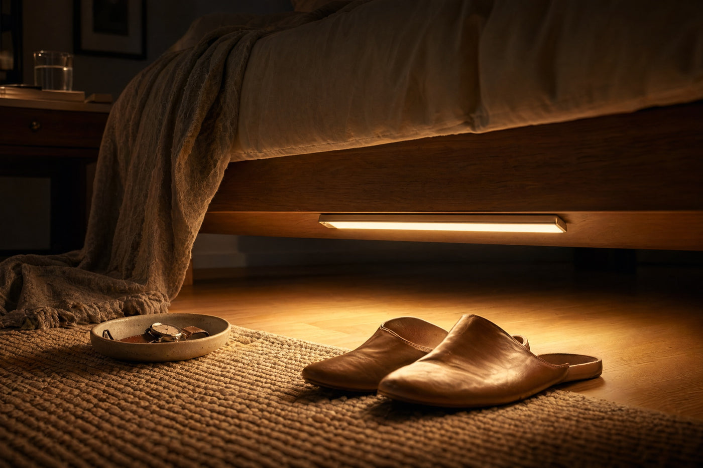 Pulse warm 3000K under bed, soft floor glow