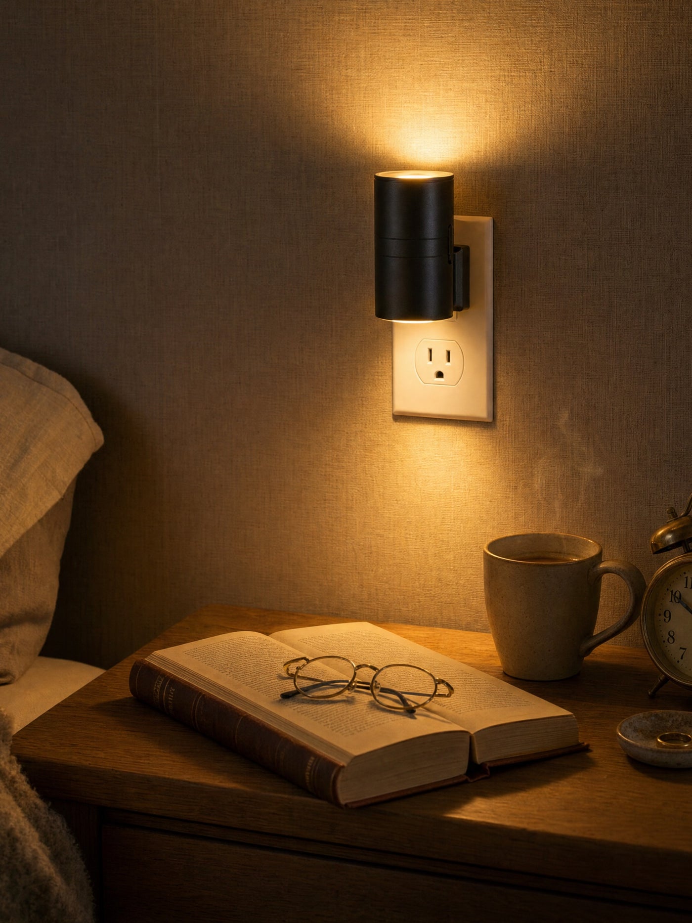 Vesper warm 2700K glow next to nightstand at 10pm