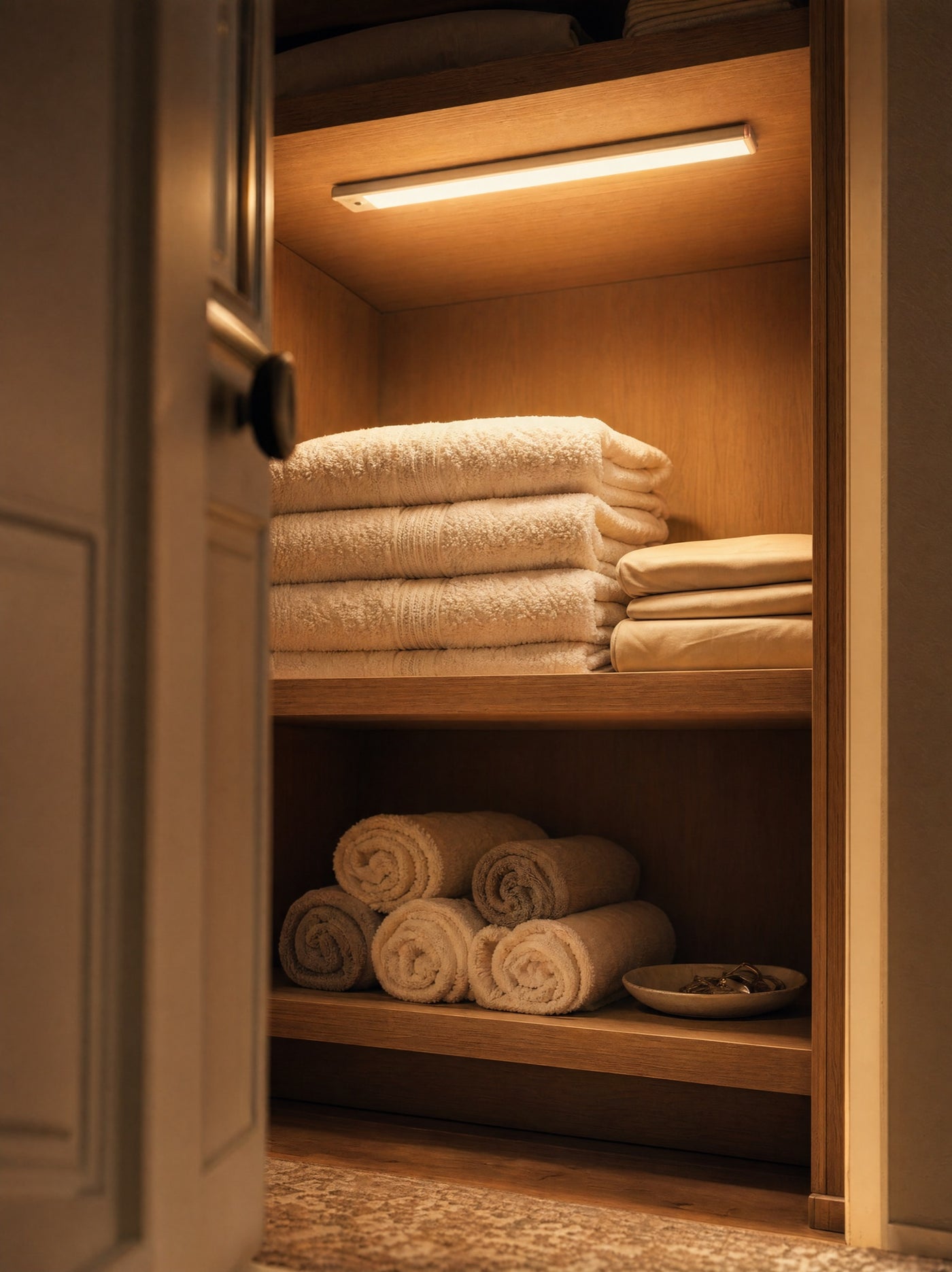 Pulse inside linen closet, lighting folded towels