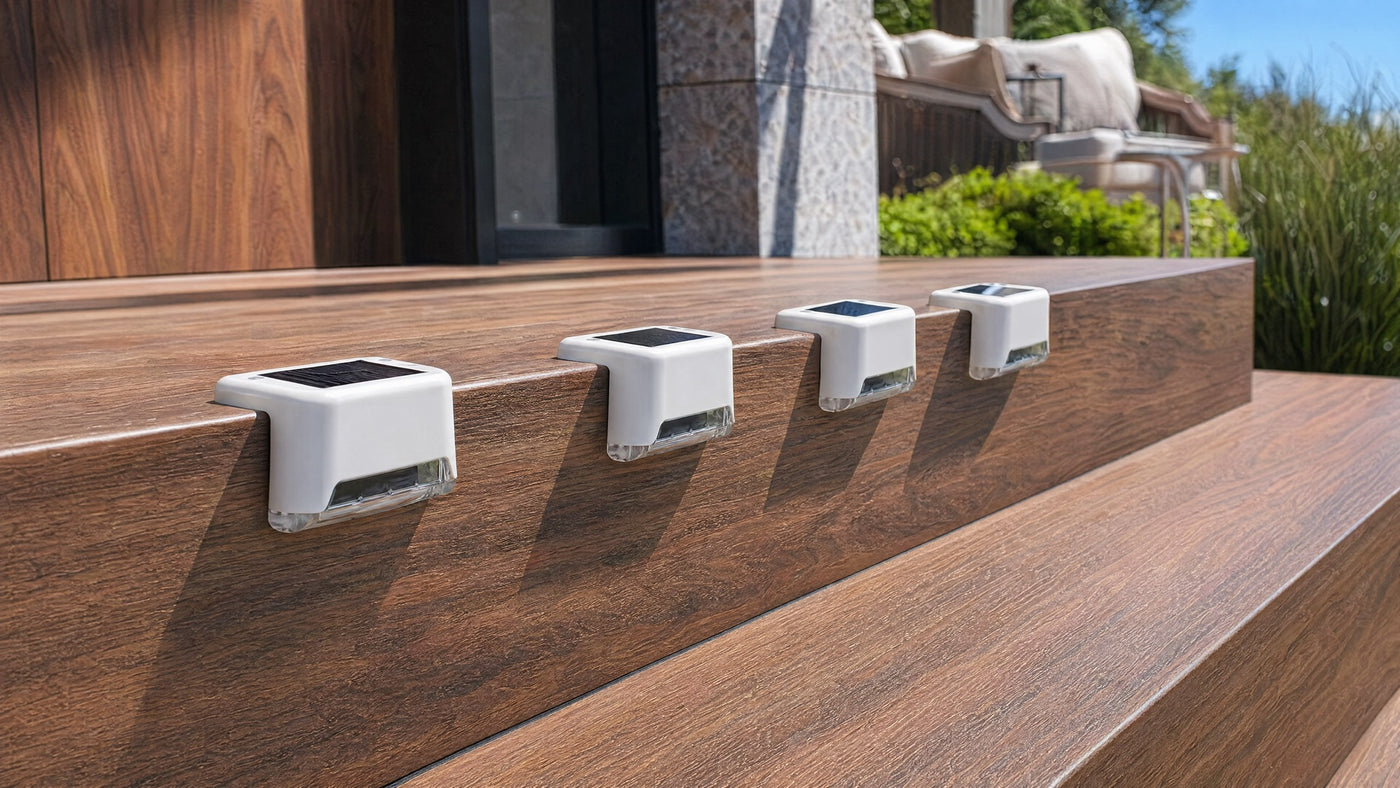 Deck stairs in daytime, lights off