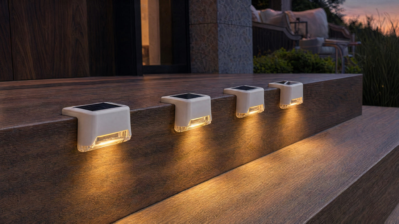 Same deck stairs at dusk, Path lights glowing warm