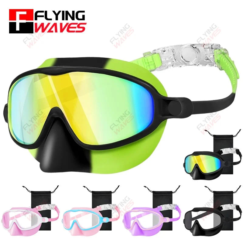 Nose Cover Silicone Swim Goggles Wide View Diving Glasses Anti-Fog UV400 No Leak Pool Swimming Eyewear for Kids Toddlers 3-12