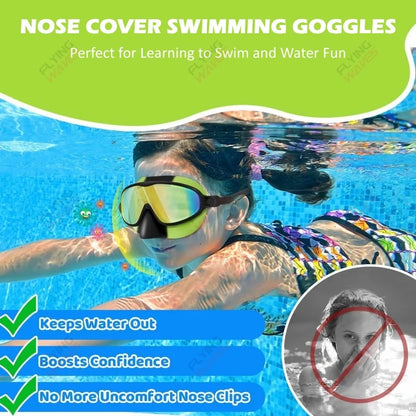 Nose Cover Silicone Swim Goggles Wide View Diving Glasses Anti-Fog UV400 No Leak Pool Swimming Eyewear for Kids Toddlers 3-12