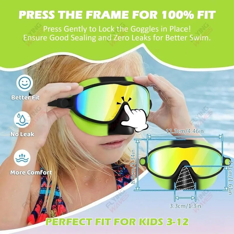 Nose Cover Silicone Swim Goggles Wide View Diving Glasses Anti-Fog UV400 No Leak Pool Swimming Eyewear for Kids Toddlers 3-12