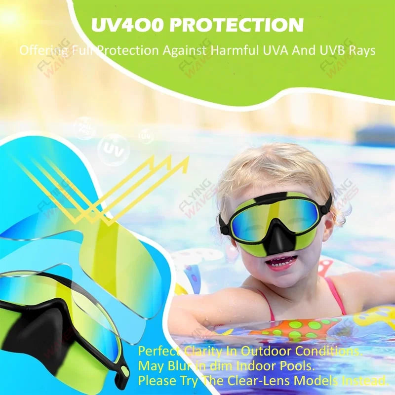 Nose Cover Silicone Swim Goggles Wide View Diving Glasses Anti-Fog UV400 No Leak Pool Swimming Eyewear for Kids Toddlers 3-12
