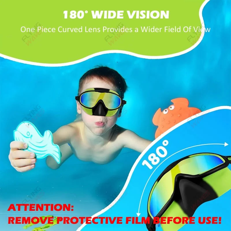 Nose Cover Silicone Swim Goggles Wide View Diving Glasses Anti-Fog UV400 No Leak Pool Swimming Eyewear for Kids Toddlers 3-12