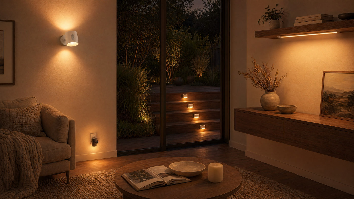 The Complete Nocturn Set — all 4 lights composed, indoor + outdoor